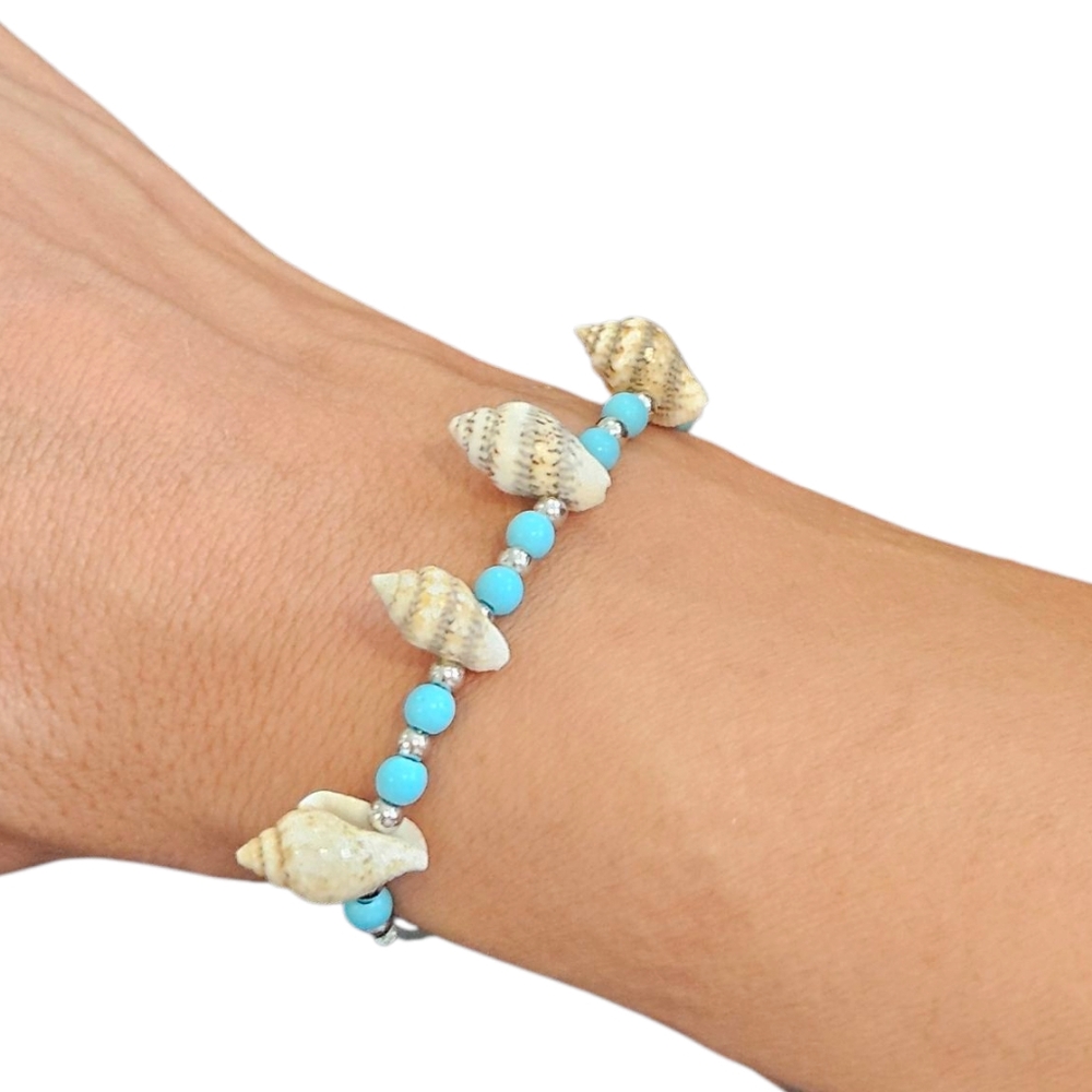 NWT - Handmade Blue, Silver And Seashell Adjustable Bracelet - Picture 5 of 8